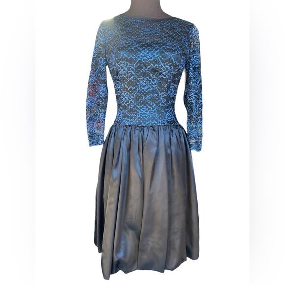 Vtg Metallic Lace Sheer Sleeve Drop Waist Full Skirt Regency Modest Dress S - Picture 1 of 5